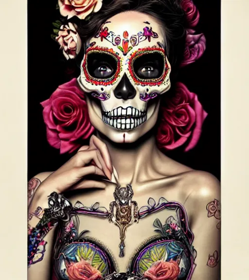 Prompt: a beautiful fancy skull lady by dan mumford and gil elvgren, sugar skull, hyperrealism, intricate details, studio lighting, glamorous