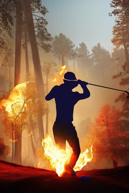 Prompt: close-up of an athletic golf player on a stunning landscape lush golf course, magical light, golden hour, surrounded by burning forests, smoke from the fire, digital painting, 4k, forest ray light, particles light, by sasha kalinkin, Noah Bradley, ilya kuvshinov