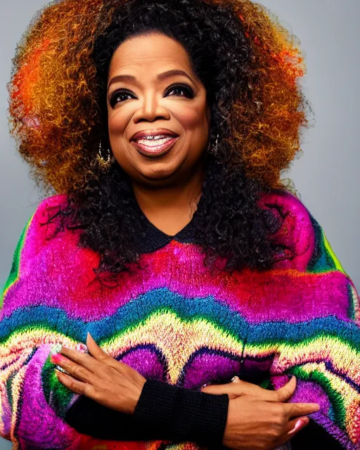 Image similar to headshot of the oprah winfrey, wearing a colorful coogi sweater, and black jeans, photoshoot in the style of annie leibovitz, studio lighting, soft focus, bokeh