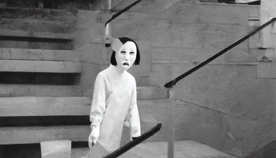 Prompt: 60s movie still of a white japanese female phantom bloody in an infinite stair, eastmancolor, heavy grain, high quality, higly detailed, liminal space