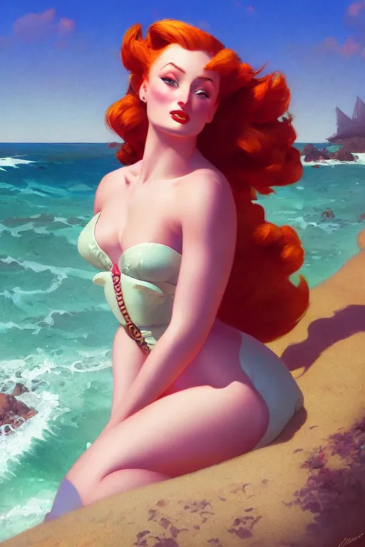 Image similar to sophie turner as the little mermaid on the sunset beach by Gil Elvgren Stanley Artgerm Lau, WLOP, James Jean, Andrei Riabovitchev, Marc Simonetti, Yoshitaka Amano, ArtStation, CGSociety, cinematic lighting, shining eyes, art nouveau