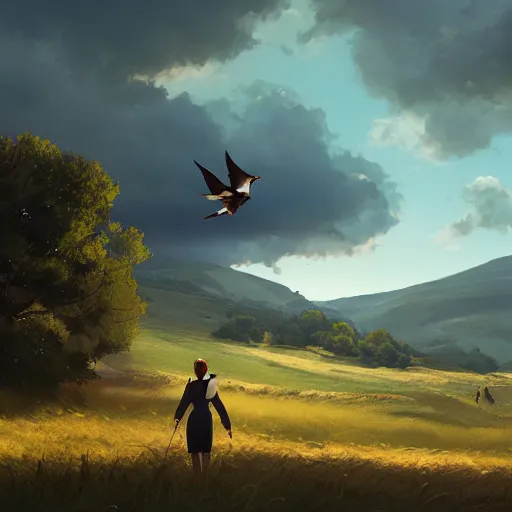 Prompt: spanish swallow birds flying in avila, golondrinas, green fields, dawn, summer season, 4 k, midday light, concept art, by wlop, ilya kuvshinov, artgerm, krenz cushart, greg rutkowski, pixiv. cinematic dramatic atmosphere, sharp focus, volumetric lighting, cinematic lighting, studio quality