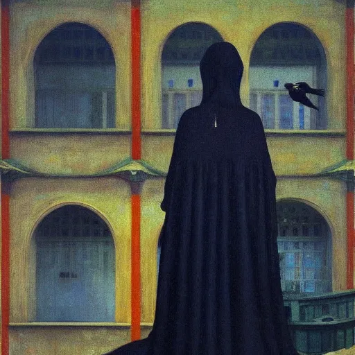 Image similar to a woman in a medieval city, a lots of crows, hyperrealistic film still by edward hopper, by gottfried helnwein, by klimt, by paolo uccello, art nouveau, highly detailed, strong lights, liminal, eerie, symbolist, bright pastel colors