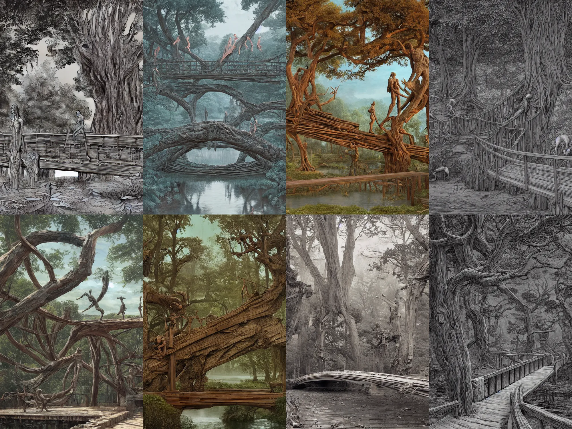 Prompt: an old wood bridge with sculptures viewed from a deep perspective, trees in the background, art by James Jean and Wayne Barlowe, high detail, cinematic, cgsociety 8k