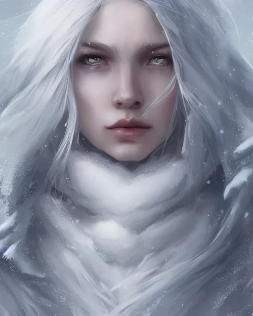 Image similar to portrait of a beautiful fierce snow goddess, flowy white grey hair, grey eyes, winter, frozen, snow, cinematic lighting, highly detailed, digital painting, trending on artstation, pixiv, concept art, sharp focus, illustration, art by ross tran and wlop