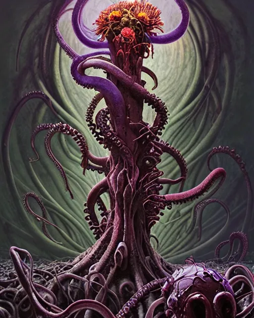 Prompt: the platonic ideal of flowers, rotting, insects and praying of cletus kasady carnage thanos davinci dementor hades chtulu mandelbulb schpongle octopus bioshock xenomorph akira, ego death, decay, dmt, psilocybin, concept art by randy vargas and zdzisław beksinski