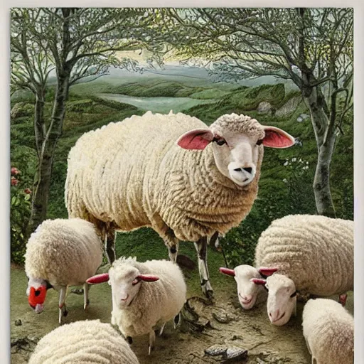 Image similar to 3 sheep, beautiful nature scene, intricate, hyper detailed