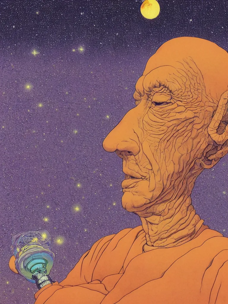 Image similar to a closeup portrait of an wise old man on mind altering drugs, lsd acid and dreaming psychedelic hallucinations in the vast alien cosmos milky way, by kawase hasui, moebius, edward hopper, colorful flat surreal design, dramatic lighting, hd, 8 k, artstation