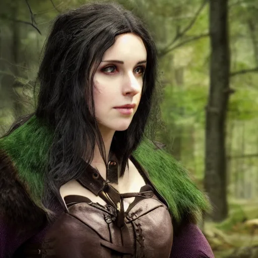 Image similar to yennefer as a medieval fantasy wood elf, dark purplish hair tucked behind ears, wearing a green tunic with a fur lined collar and brown leather armor, wide, muscular build, scar across nose, one black, scaled arm, cinematic, character art, digital art, forest background, realistic. 4 k