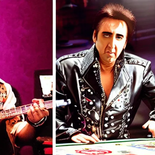 Image similar to nicolas cage as elvis presley playing the guitar over a poker table