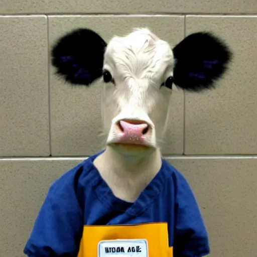 Image similar to mugshot of a cute calf dressed as an inmate inside jail