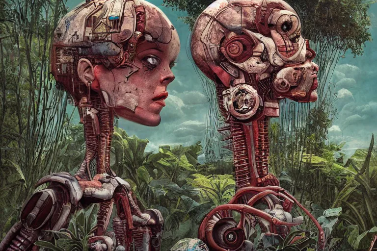 Image similar to gigantic robot - girl head floating in the space, a lot of exotic plants, trees, flowers, oldschool vintage sci - fi flat surreal grainy design, super - detailed, painting by enki bilal, hd, 4 k, high quality