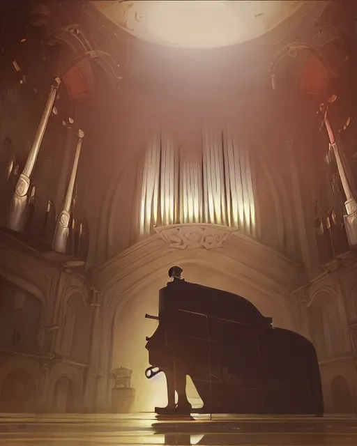 Image similar to pipe organ, single subject, smoke, ghosts, scenic full shot, ambient lighting, detailed face, by makoto shinkai, stanley artgerm lau, wlop, rossdraws