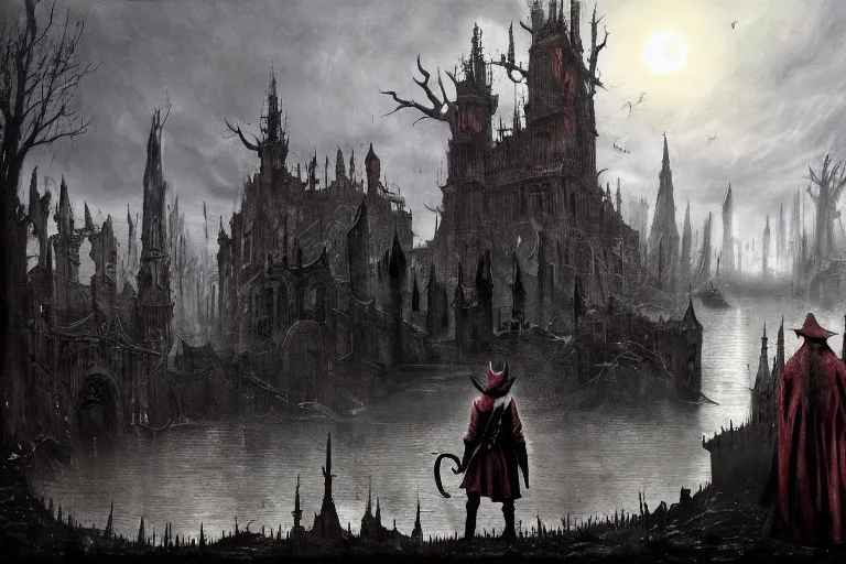 Image similar to bloodborne! landscape painted by hieronymus bosch