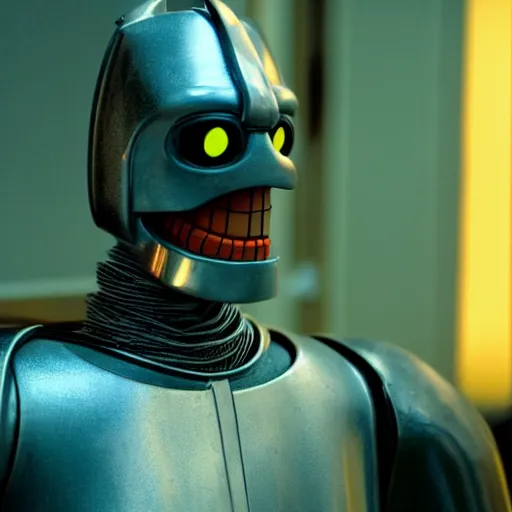 Image similar to still image of bender from futurama in the dark knight, cinematic, anamorphic, 8 0 mm f / 2. 8 l, 3 5 mm film, movie