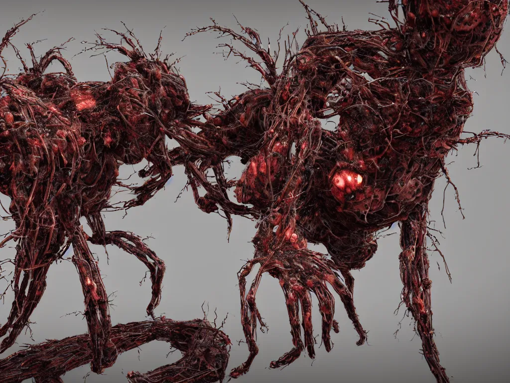 Image similar to Techno-biological iron-meat cat spider. Consisting of tumors, fur, veins, guts, long spider paws, kidneys, wires, shafts. The head is made of mechanisms and a fanged maw. Bodyhorror, biopunk, extremely high detail, ultra realistic, photorealism, concept art, octane render, view from a distance, 8k, 16k