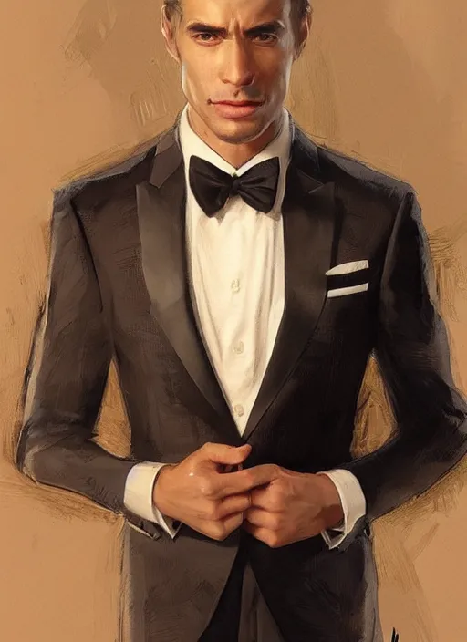 Image similar to a handsome man in formalwear. beautiful highly detailed face, looking directly at the viewer. painting by artgerm and greg rutkowski and magali villanueve.