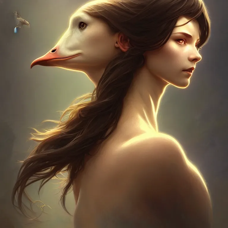 Image similar to anthromorphic goose girl portrait, sci - fi face, elegant, highly detailed, digital painting, artstation, concept art, smooth, sharp focus, illustration, art by artgerm and greg rutkowski and alphonse mucha