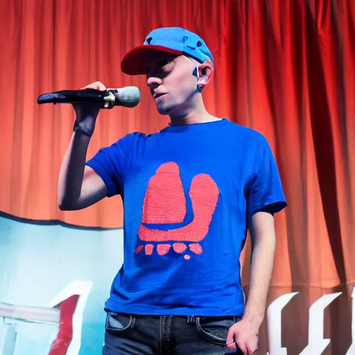 Image similar to a full body shot of an average white, short young - adult man with blue dyed hair holding a microphone, wearing a red backwards cap, white t - shirt with a red no symbol on it, blue long pants and red shoes