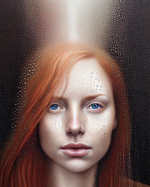 Image similar to portrait of an ethereal ginger freckled woman with water droplets, hypnotic eyes, with rain drop patterns, closeup, by mary jane ansell