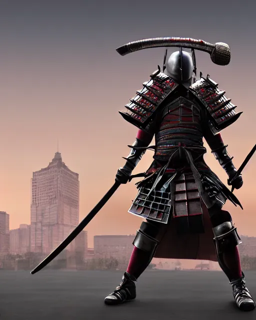 Image similar to photoreal professional character concept art, physically based octane render of a musicpunk samurai, wearing epic level 99 armour :: cinematic action posing, full view, epic, centered composition, beautiful, a vast orchestra chamber hall in the background