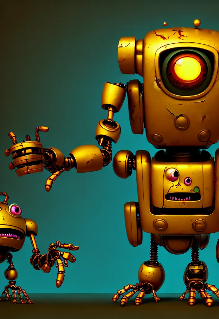 Image similar to , grotesque despair cute monster smooth paneling, golden robotic chest, with damaged rusty arms, broken antenna, recycled, floating, dystopia, oil, mechanical, toy, ambient light, in the style of pixar animation, pokedstudios, blender, octane render, 8 k, gediminas pranckevicius