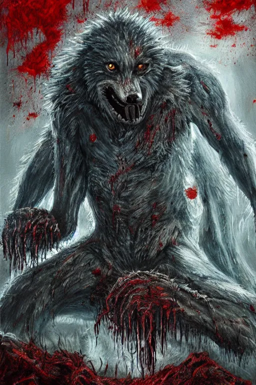 Prompt: grainy wet werewolf oil painting, horror, lovecraftian horror, bloody, pools of blood, reflecting, set in the bloodborne videogame