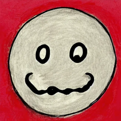 Image similar to primitive drawing of smiling circle face with red eyes thumb up. Сhild drawing picture