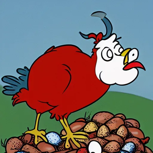 Prompt: foghorn leghorn eating a pile of eggs