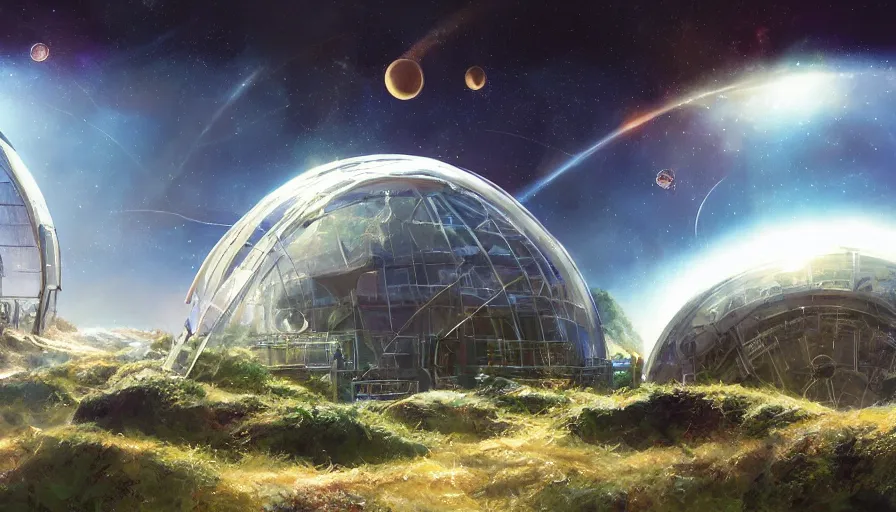 Prompt: craig mullins and ghibli digital illustration of a giant biodome in outer space, astrophotography, colorful, unreal engine, hyper realism, realistic shading, cinematic composition, realistic render, octane render, detailed textures, photorealistic, wide shot,