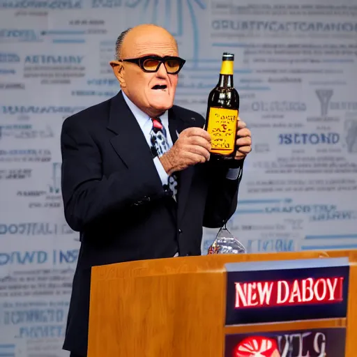 Image similar to news still of a drunk rudy giuliani holding a bottle, 4 k, professional