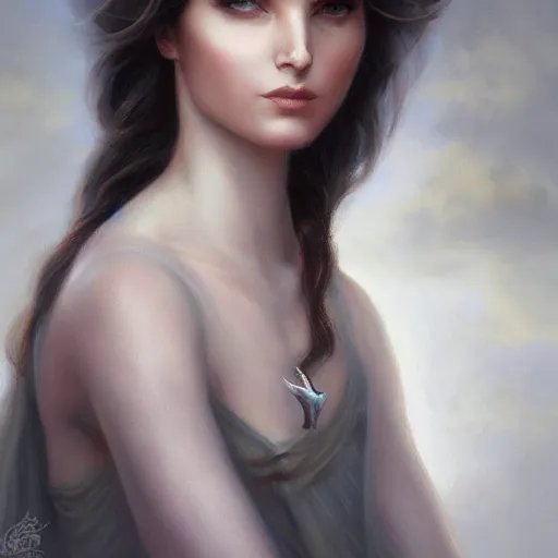Prompt: A detailed painting of a full length portrait of a Greek goddess, By Anne Stokes and Steve Argyle and Daniela Uhlig and Tom Bagshaw. Trending on Artstation, digital character painting.