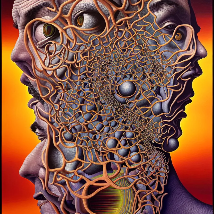 Prompt: infinite fractals of consciousness forming a human face, recursion, surreal, by salvador dali and mc escher and alex grey, oil on canvas, hd, dreams, intricate details, warm colors