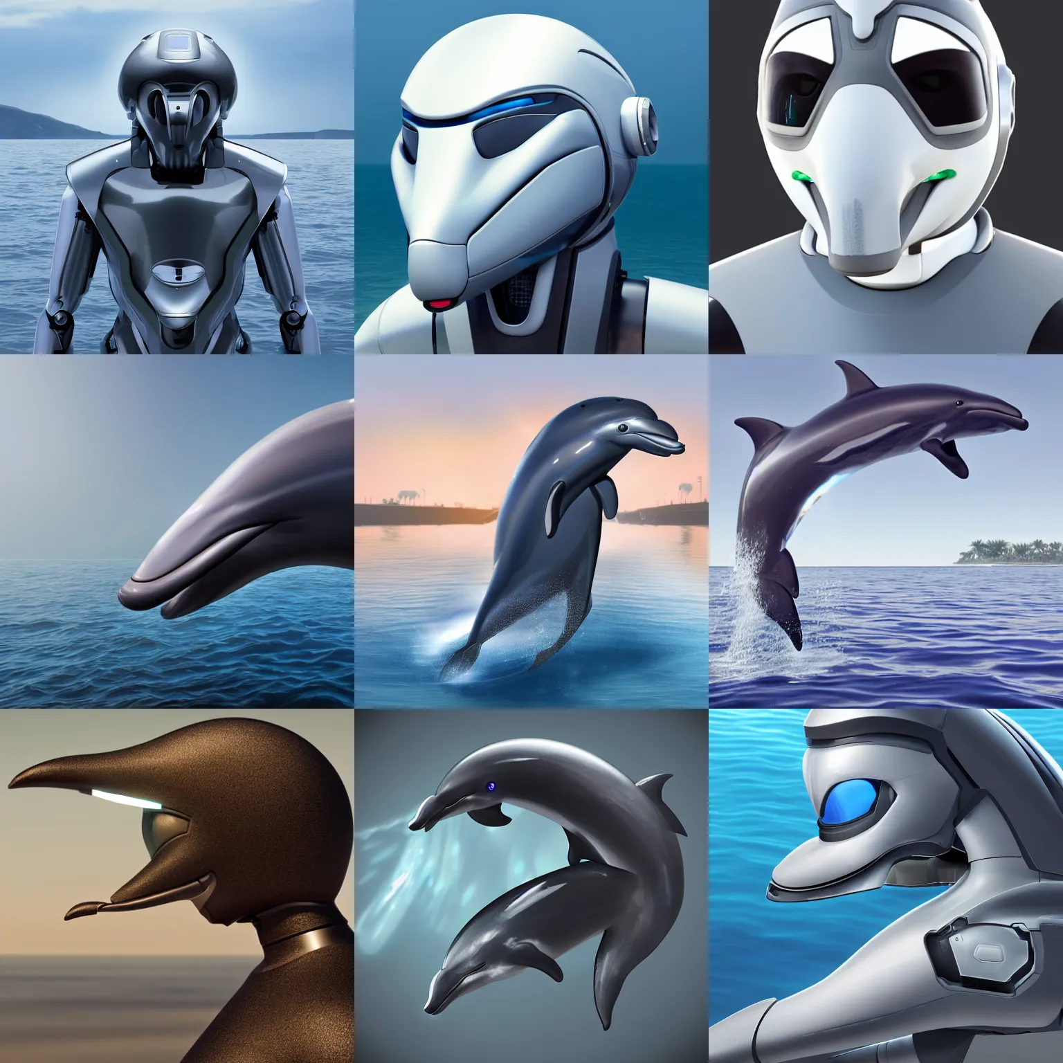 Prompt: robotic anthro dolphin, integrated synthetic cetacean hybrid android, dark opaque visor over top of face, short wide bulbous bottlenose snout extending from under visor, sleek waterproof design, male, commission on furaffinity, cgsociety, octane render, sea in background