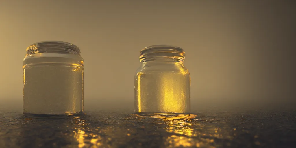 Prompt: jar, environment reflected in the jar, fog, rain, volumetric lighting, beautiful, golden hour, sharp focus, ultra detailed, cgsociety