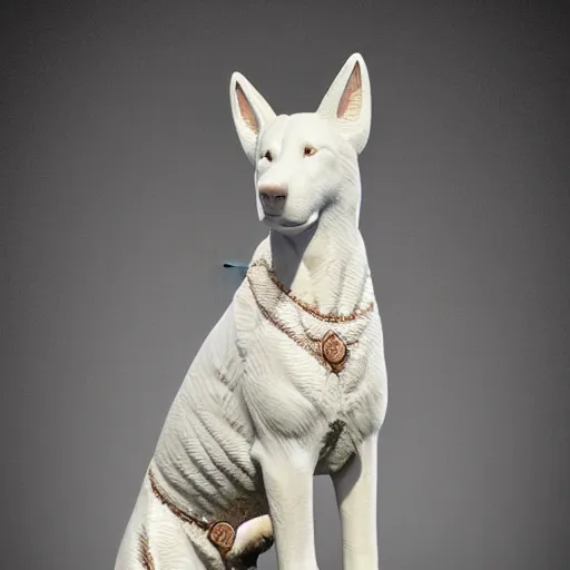 Prompt: detailed photo of a white shepherd statue made of pizza, various posed, full body, studio light, 8 k, photorealism, intricate detail, museum diffuse lighting