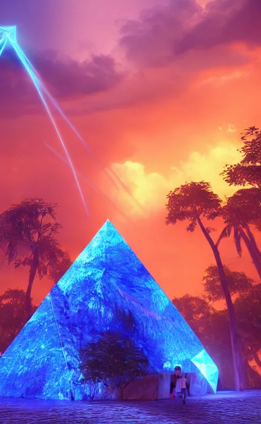 Image similar to a glowing blue crystal tetrahedron!!! in the middle of ancient ruins in a lush prehistoric jungle, inside a humongous cave, red and magenta flowers, sunset, godrays, orange and blue sky, haze, volumetric lighting, digital render, photorealistic, unreal engine 5, ultra detail, trending on artstation