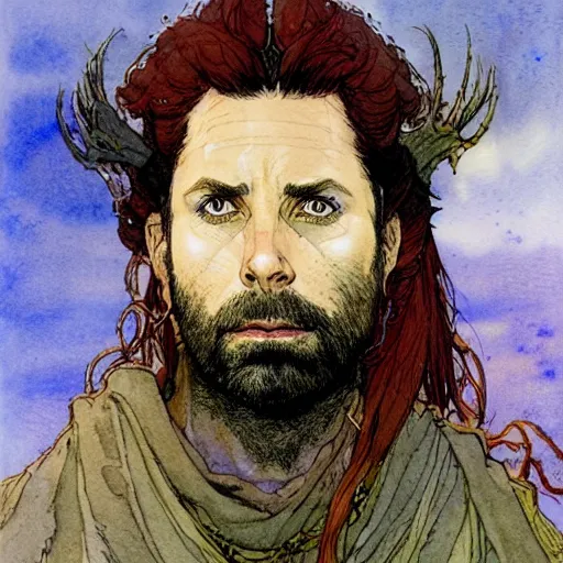 Prompt: a realistic and atmospheric watercolour fantasy character concept art portrait of charlie day as a druidic warrior wizard looking at the camera with an intelligent gaze by rebecca guay, michael kaluta, charles vess and jean moebius giraud