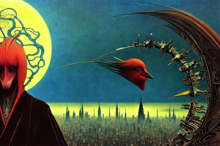 Image similar to realistic detailed portrait movie shot of a birdman wearing a dark robes, sci fi city landscape background by denis villeneuve, amano, yves tanguy, alphonse mucha, ernst haeckel, max ernst, roger dean, masterpiece, rich moody colours, dog teeth, blue eyes, sunset