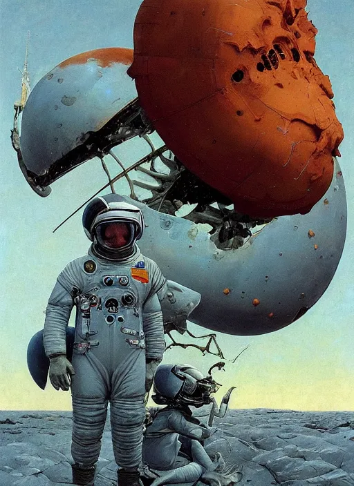 Prompt: realistic detailed image of an cosmonaut alone in the tundra next to whale skeleton in the style of Francis Bacon, Surreal, Norman Rockwell and James Jean, Greg Hildebrandt, and Mark Brooks, triadic color scheme, By Greg Rutkowski, in the style of Francis Bacon and Syd Mead and Edward Hopper and Norman Rockwell and Beksinski, open ceiling, highly detailed, painted by Francis Bacon, painted by James Gilleard, surrealism, airbrush, Ilya Kuvshinov, WLOP, Stanley Artgerm, very coherent, art by Takato Yamamoto and James Jean