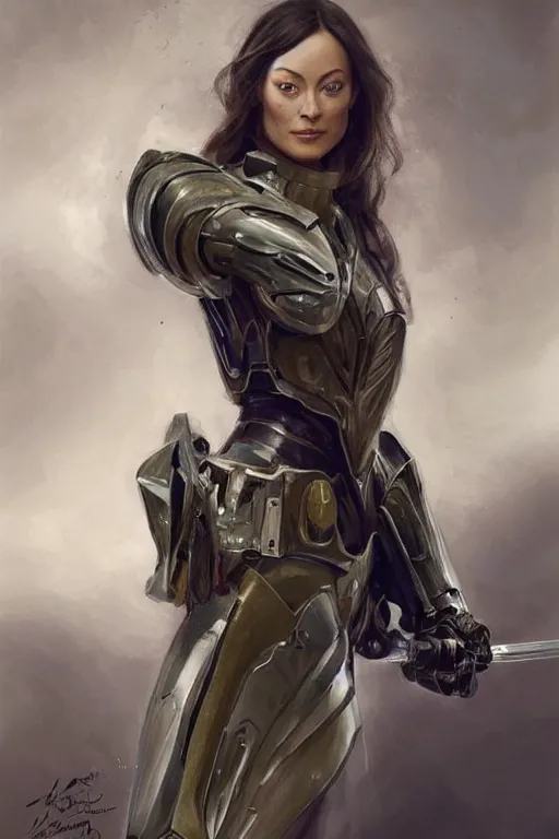 Image similar to a professional painting of a young Olivia Wilde, clothed in military armor, olive skin, long dark hair, beautiful bone structure, symmetrical facial features, intricate, elegant, digital painting, concept art, smooth, sharp focus, illustration, from Star Wars by Ruan Jia and Mandy Jurgens and Artgerm and William-Adolphe Bouguerea