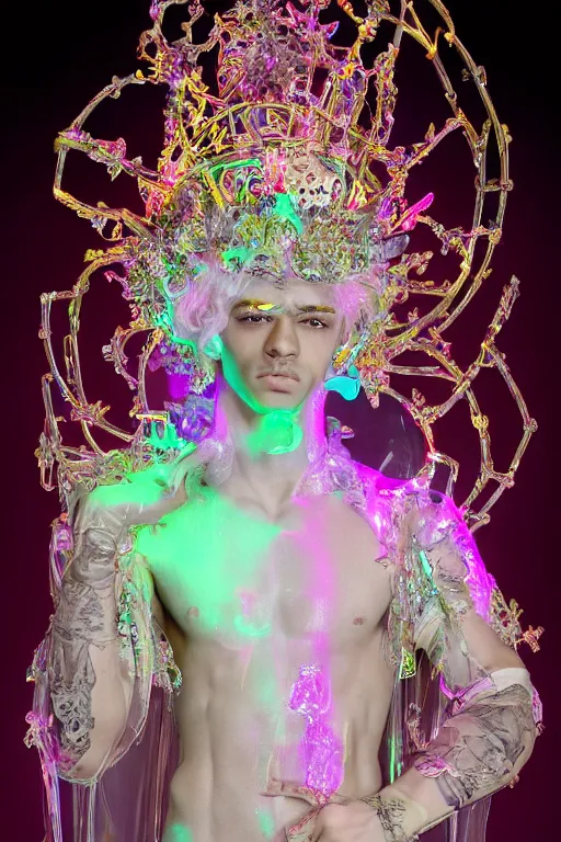 Prompt: full-body rococo and cyberpunk delicate neon crystalline sculpture of ((muscular albino prince Zayn Malik)) as an iridescent humanoid deity wearing a thin see-through ((plastic hooded cloak)) (holding a human skull) in a white castle dungeon, reclining con (((las piernas abiertas))), glowing pink face, crown of (white lasers), large diamonds, swirling black silk fabric. futuristic elements. oozing glowing liquid, full-length view. space robots. intricate artwork by caravaggio. Trending on artstation, octane render, cinematic lighting from the right, hyper realism, octane render, 8k, depth of field, 3D