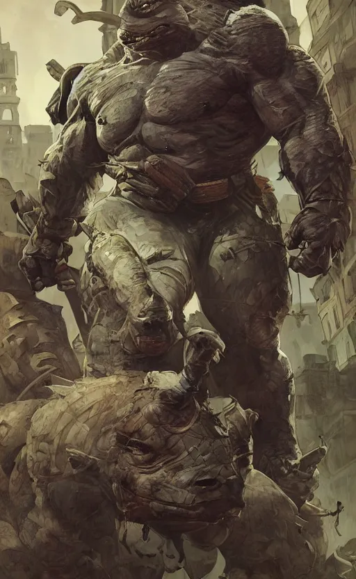 Prompt: rocksteady from tmnt, rhino, rugged, handsome, male, detailed face, clean lines, atmospheric lighting, amazing, full body, thighs, flowers, muscular, intricate, highly detailed, digital painting, deviantart, concept art, sharp focus, illustration, art by greg rutkowski and alphonse mucha