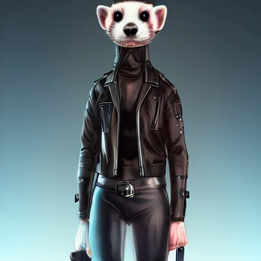 Image similar to cyberpunk anthropomorphic ferret with mohawk, wearing leather jacket, medium shot portrait, digital painting, trending on ArtStation