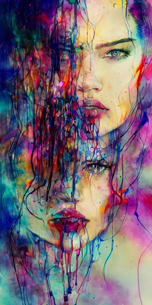 Image similar to adriana lima by agnes cecile enki bilal moebius, intricated details, sitting on a stool, full body portrait, extremely luminous bright design, pastel colours, drips, autumn lights