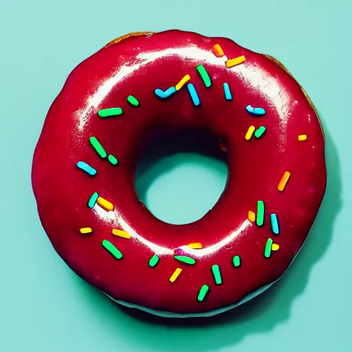 Image similar to Perfectly circular donut!!!!! in the style of a cherry!!!!!!, trending on artstation, 4k, 8k, professional photography, overhead shot, 35mm lens