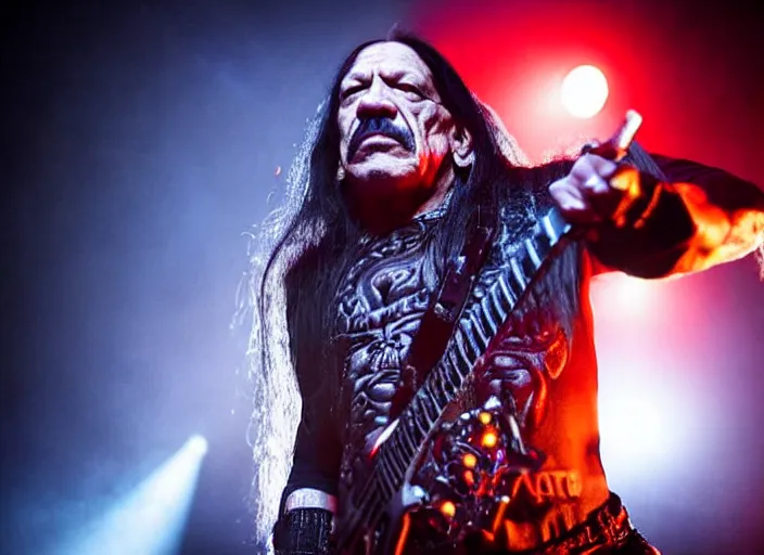 Image similar to publicity photo still of danny trejo in cradle of filth playing live on stage, 8 k, live concert lighting, mid shot