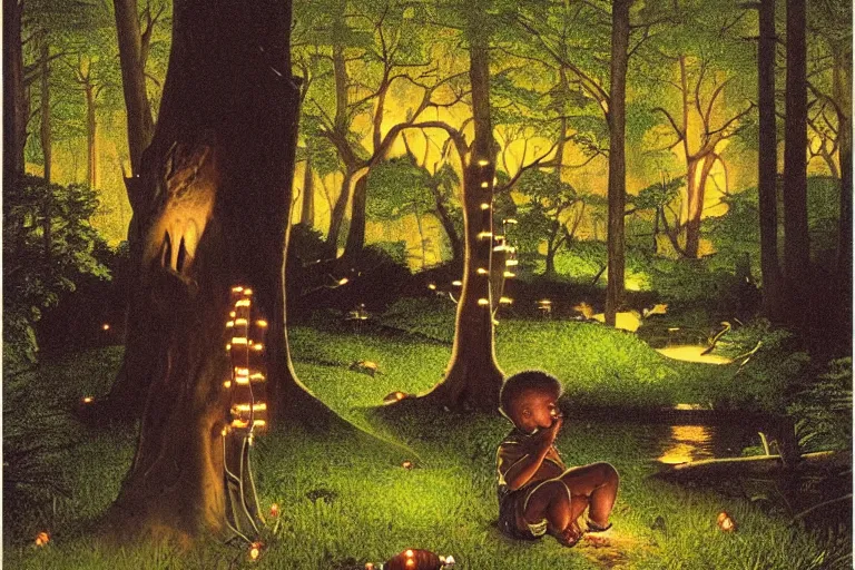 Image similar to a scenic view of a black boy in the middle of a magical forest with glow-worm lights near a lake, detailed, cinematic, dramatic scene, retro illustration by Norman Rockwell.