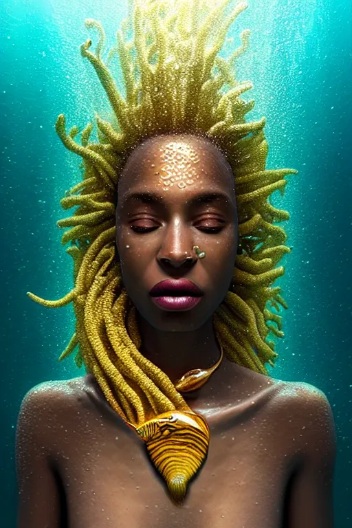 Image similar to hyperrealistic precisionist cinematic underwater scene with fish and algae, very expressive! translucent elegant african goddess, full body, gold jewerly, highly detailed face, digital art masterpiece, eric zener aykut aydogdu, volumetric light, long shot, low angle uhd 8 k, sharp focus