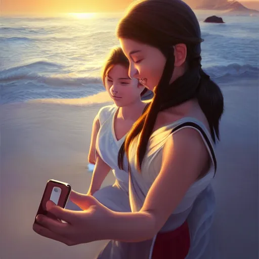 Image similar to beautiful serene intricate portrait of katara and toph taking a selfie, smiling softly, relaxing on the beach, golden hour, soft focus, 8 k, art by irakli nadar, hyperrealism, hyperdetailed, ultra realistic